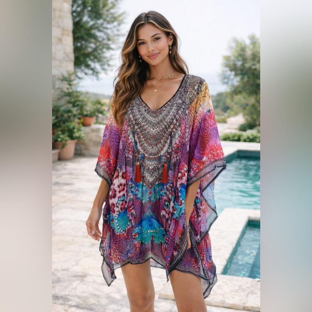 La Moda Hindu Kaftan Multicolor Beaded Swim Coverup Resort Boho One Size